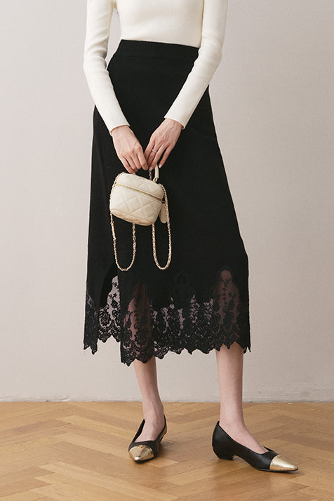 Early autumn lace paneled split midi skirt