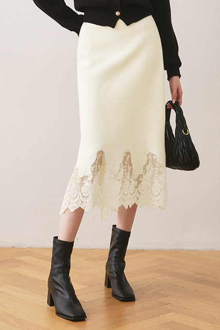 Early autumn lace paneled split midi skirt