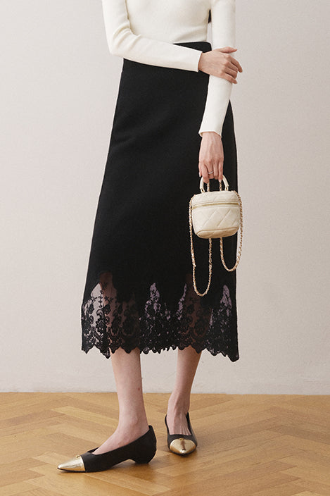 Early autumn lace paneled split midi skirt