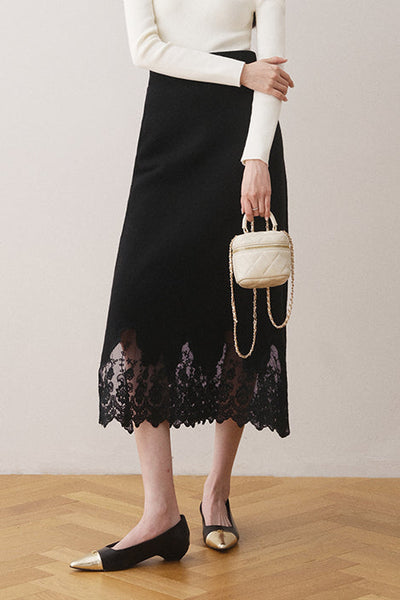 Early autumn lace paneled split midi skirt