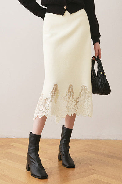 Early autumn lace paneled split midi skirt