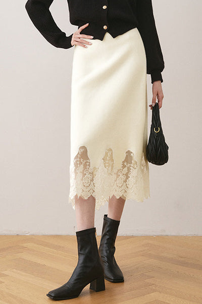 Early autumn lace paneled split midi skirt