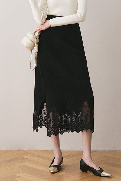 Early autumn lace paneled split midi skirt