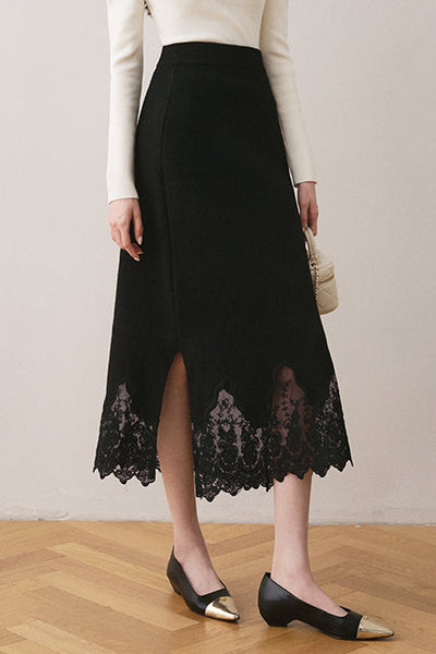 Early autumn lace paneled split midi skirt