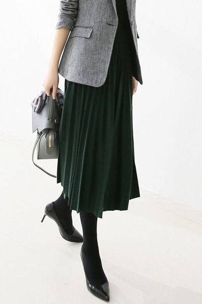 Early autumn woolen pleated midi skirt
