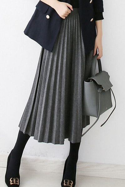 Early autumn woolen pleated midi skirt
