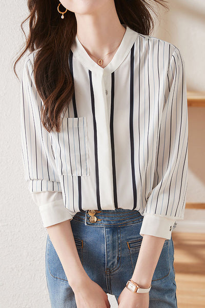 Simple commuter striped long-sleeve shirt