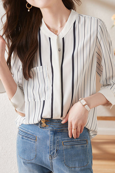 Simple commuter striped long-sleeve shirt