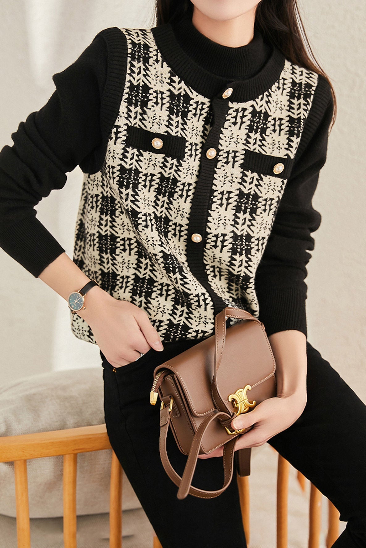 Early autumn elegant fake two-piece pullover sweater