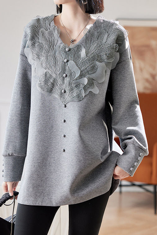 Early autumn stylish casual lace paneled sweatshirt
