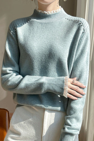 Early autumn lace trim turtleneck base sweater
