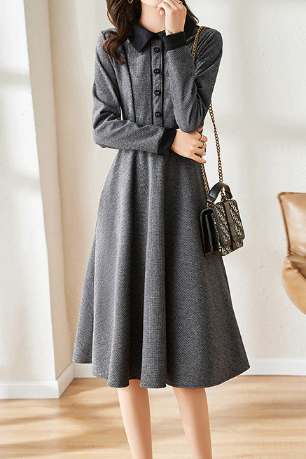 Elegant Early Autumn Retro Color-block Dress