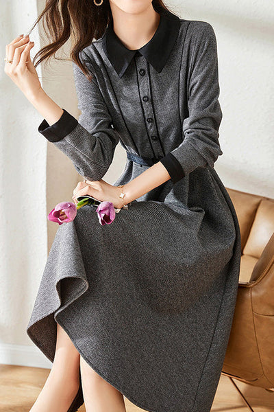 Elegant Early Autumn Retro Color-block Dress