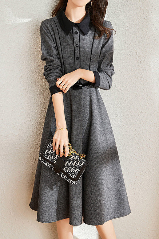 Elegant Early Autumn Retro Color-block Dress