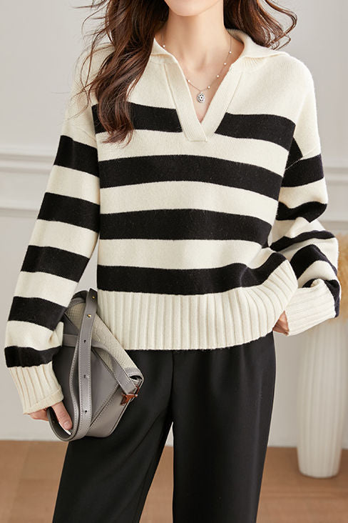 Stylish Simple V-neck Striped Sweater