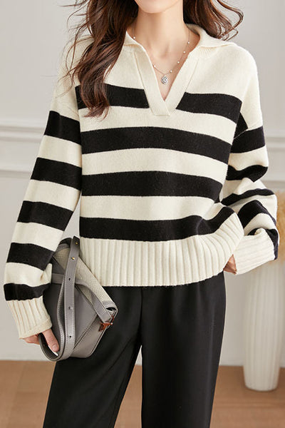 Stylish Simple V-neck Striped Sweater