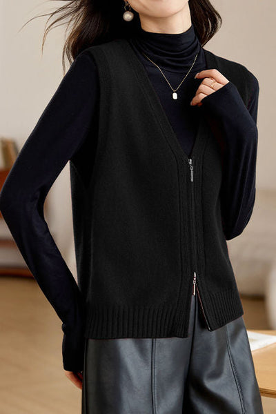Casual Versatile Double-zipper V-neck Knit Vest