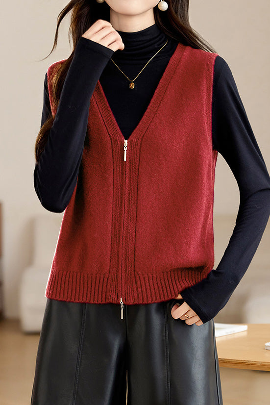 Casual Versatile Double-zipper V-neck Knit Vest