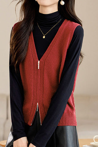 Casual Versatile Double-zipper V-neck Knit Vest