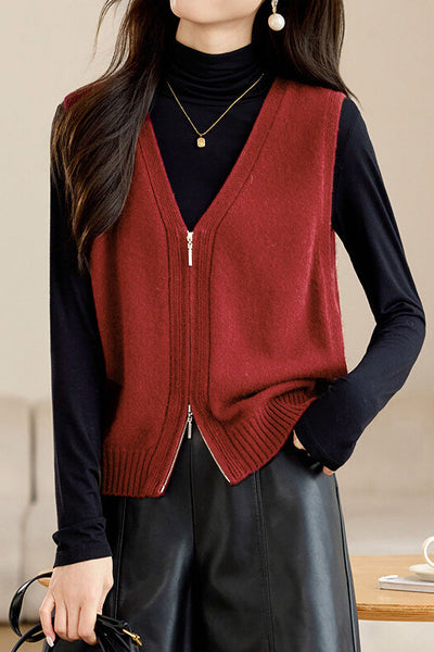 Casual Versatile Double-zipper V-neck Knit Vest