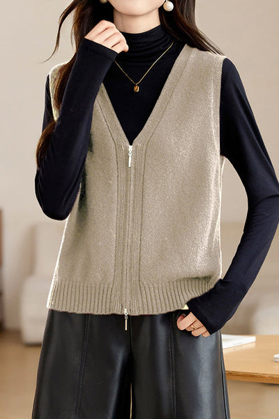 Casual Versatile Double-zipper V-neck Knit Vest