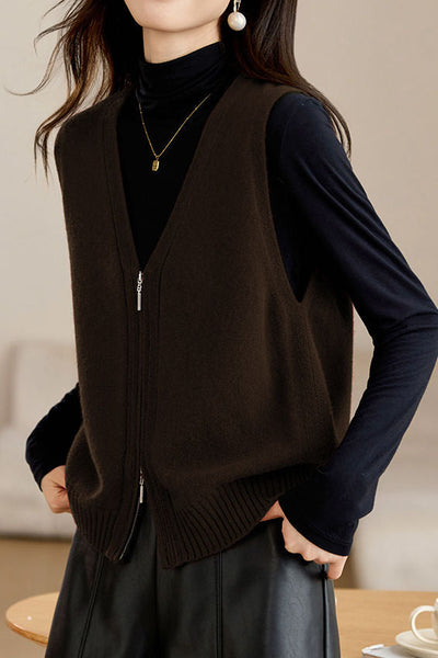 Casual Versatile Double-zipper V-neck Knit Vest