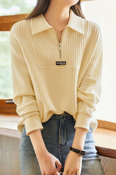 Casual Versatile Textured Polo-collar Pullover Sweatshirt