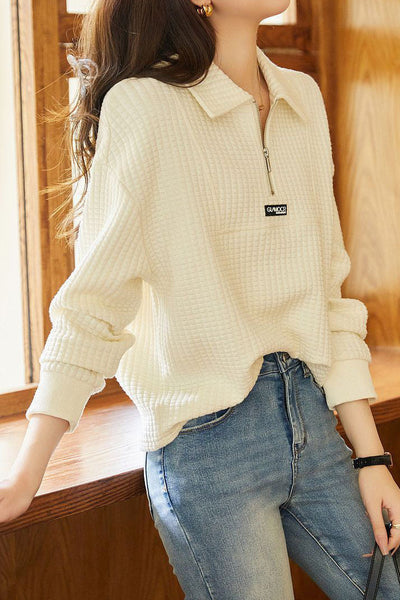 Casual Versatile Textured Polo-collar Pullover Sweatshirt