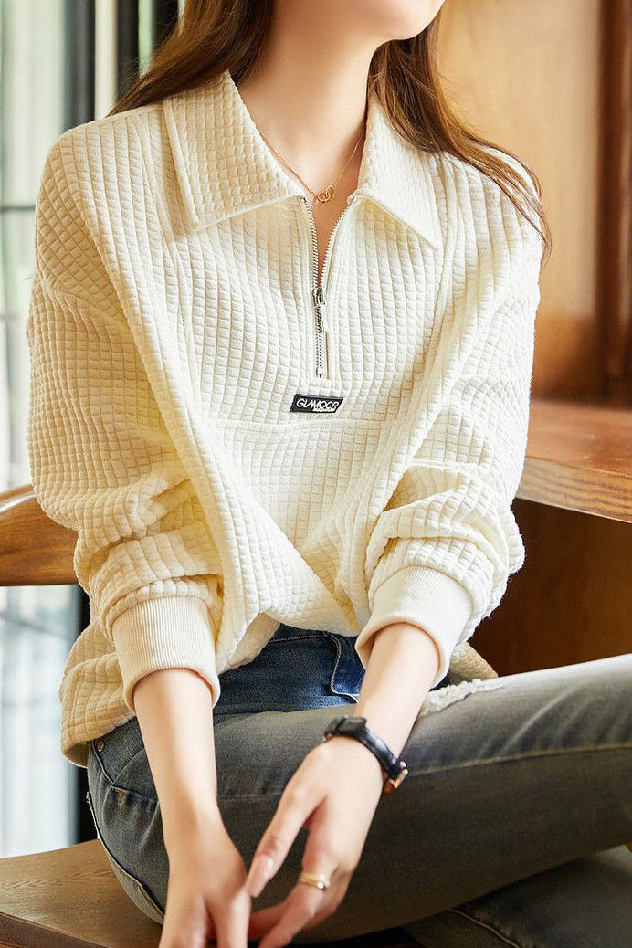 Casual Versatile Textured Polo-collar Pullover Sweatshirt