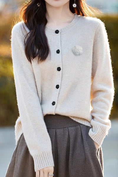 Elegant Round-neck Cardigan with 3D Floral Knit Details