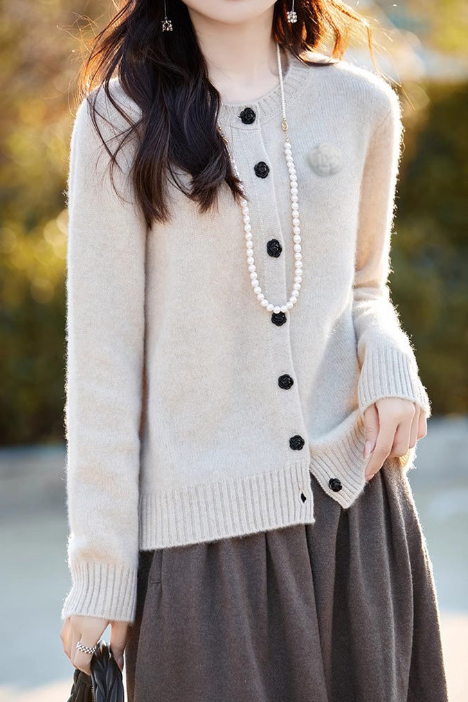 Elegant Round-neck Cardigan with 3D Floral Knit Details