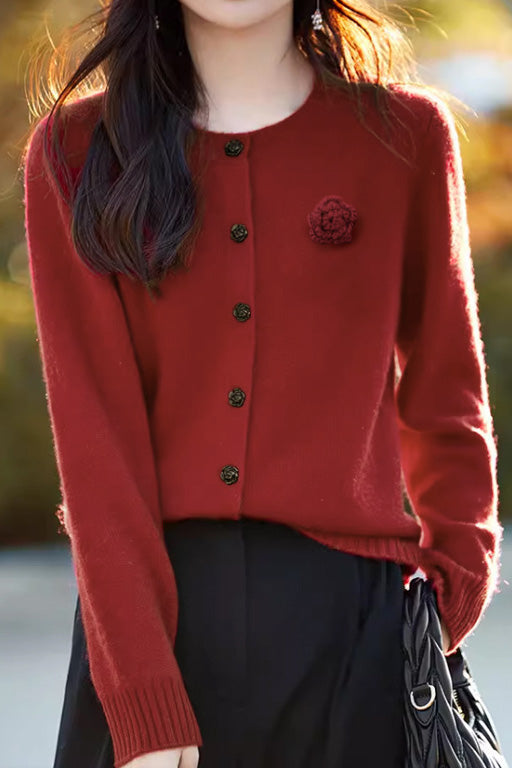 Elegant Round-neck Cardigan with 3D Floral Knit Details