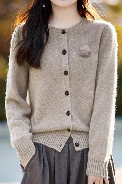 Elegant Round-neck Cardigan with 3D Floral Knit Details