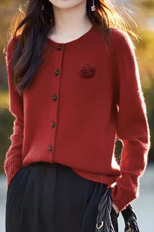 Elegant Round-neck Cardigan with 3D Floral Knit Details