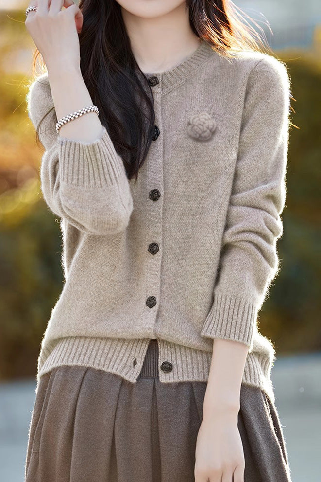 Elegant Round-neck Cardigan with 3D Floral Knit Details