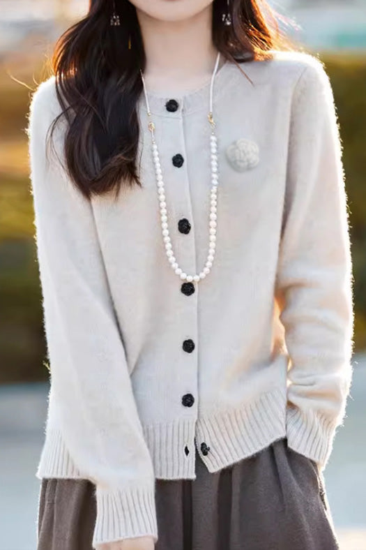 Elegant Round-neck Cardigan with 3D Floral Knit Details
