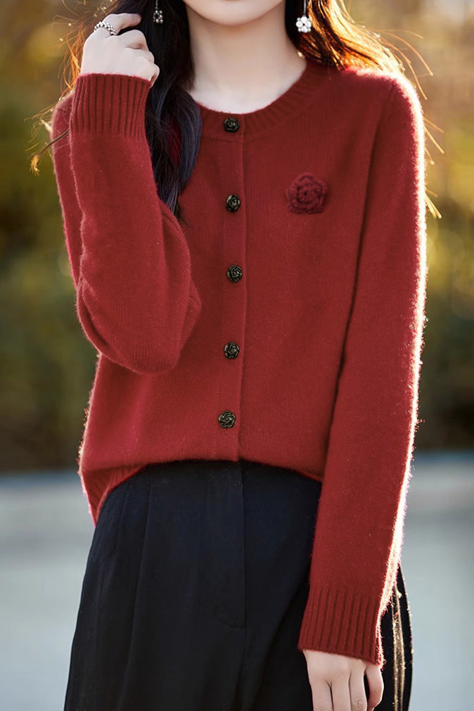 Elegant Round-neck Cardigan with 3D Floral Knit Details