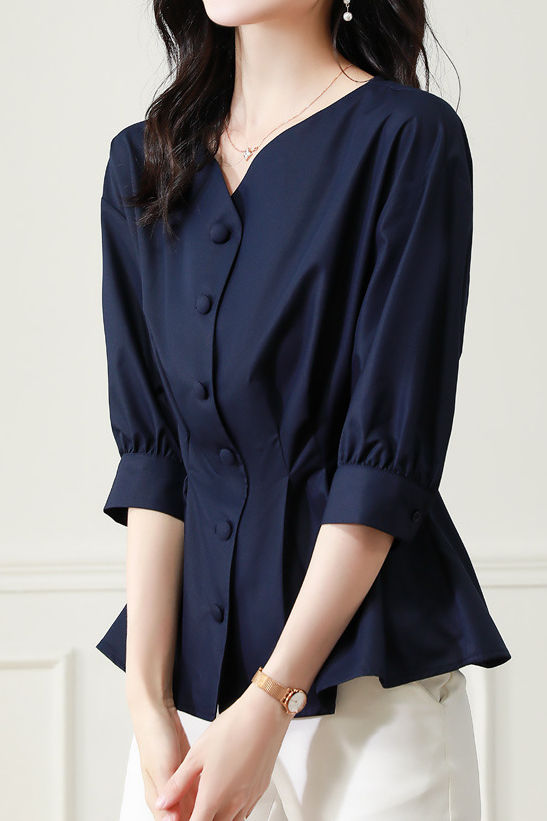 Elegant Office Seven-Sleeve Waist-Slimming Pleated Shirt