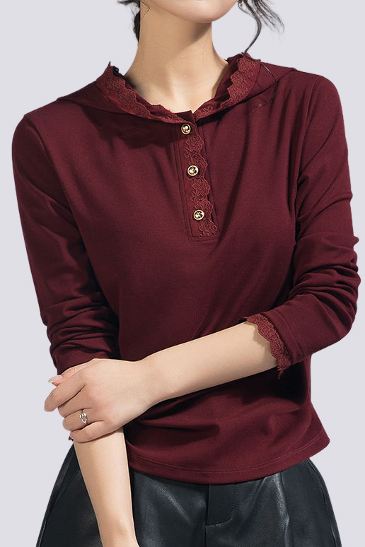 Casual Lace Long-Sleeve Edge Hooded T-Shirt