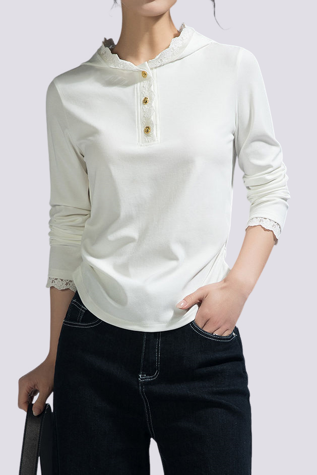 Casual Lace Long-Sleeve Edge Hooded T-Shirt