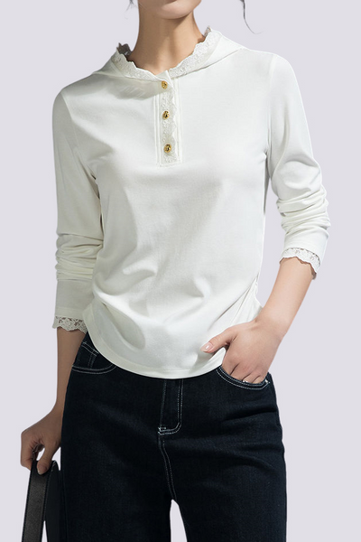 Casual Lace Long-Sleeve Edge Hooded T-Shirt