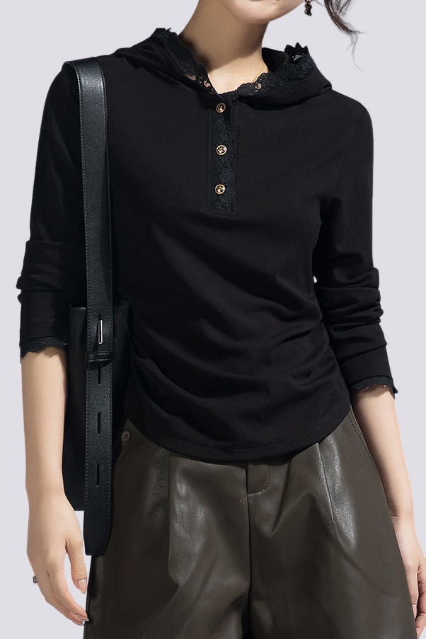 Casual Lace Long-Sleeve Edge Hooded T-Shirt