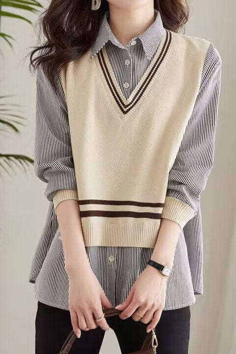 Early Autumn Casual Fake Two-Piece Spliced Shirt