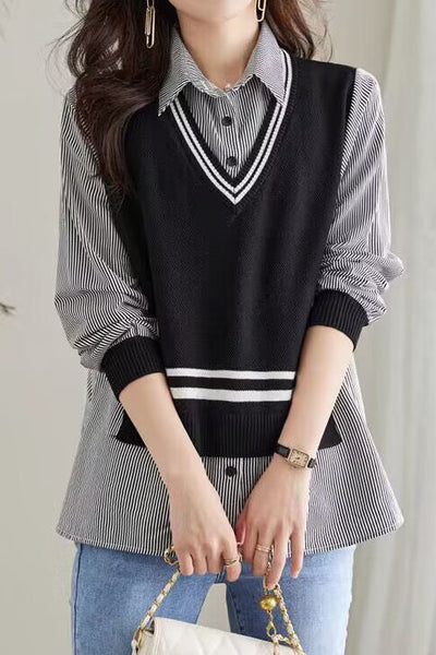 Early Autumn Casual Fake Two-Piece Spliced Shirt