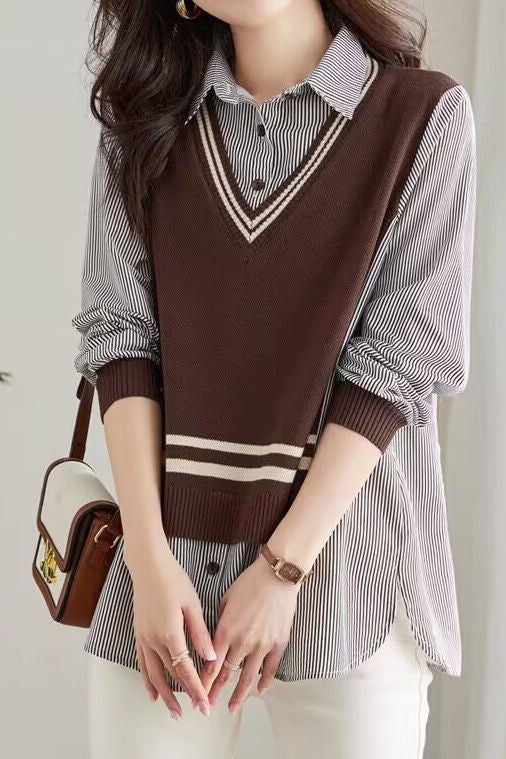 Early Autumn Casual Fake Two-Piece Spliced Shirt