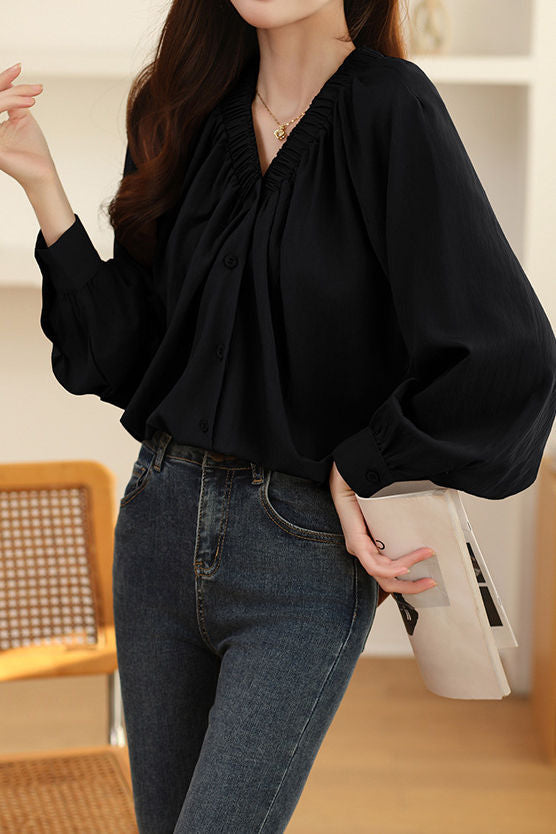 Early Autumn Stylish Ruched V-Neck Shirt