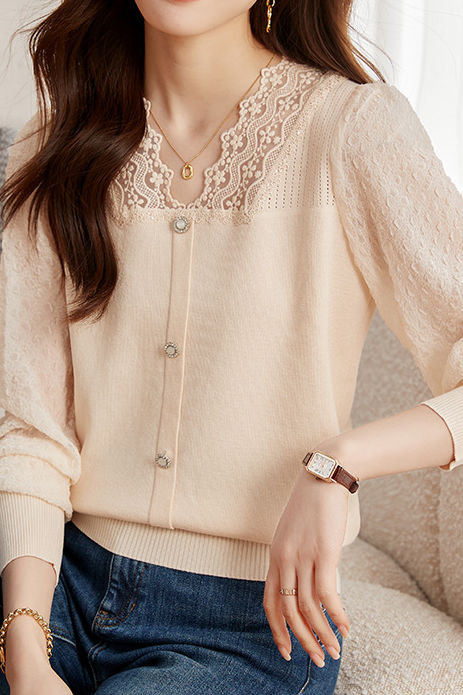 Elegant Lace Spliced Long-Sleeve Slim Knit Top