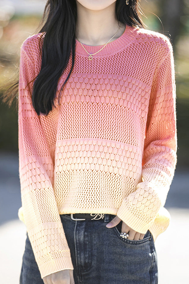 Early Autumn Casual Color-Block Gradient Crew Neck Pullover Sweater