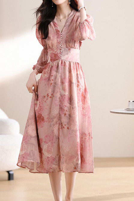 Early Autumn Exquisite Floral Long-Sleeve Dress