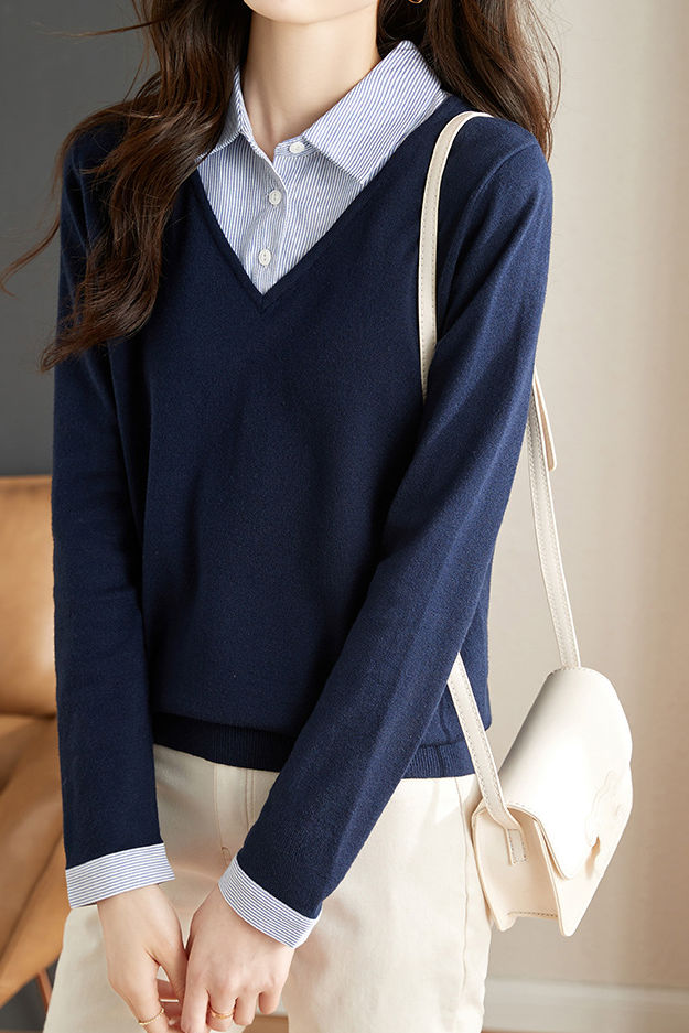 Casual Office Polo Collar Spliced Fake Two-Piece Knit Top